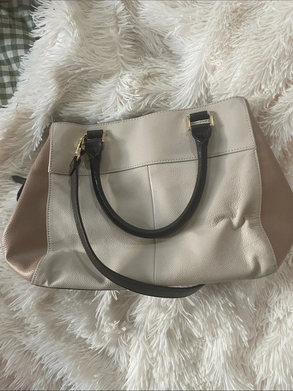 Women’s Designer Two-Tone Taupe & Cream Leather Satchel with Dark Brown Handles